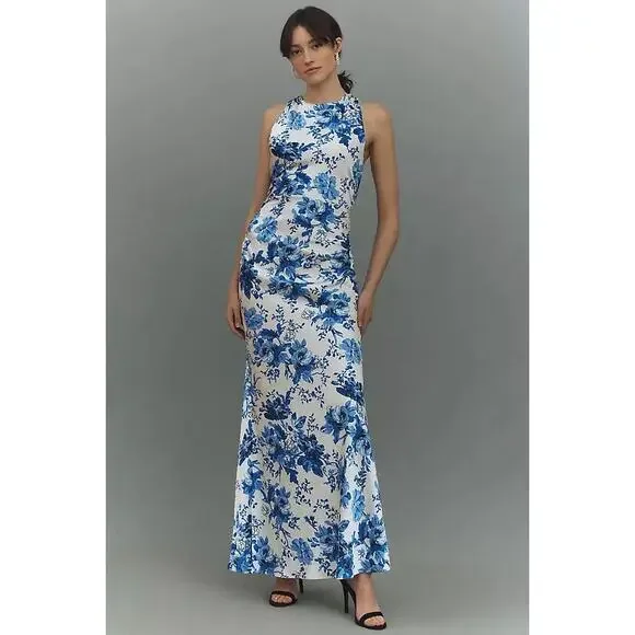 NEW BHLDN Mariella High-Neck Satin Maxi Dress in Blue Floral Size 12 - Picture 1 of 12